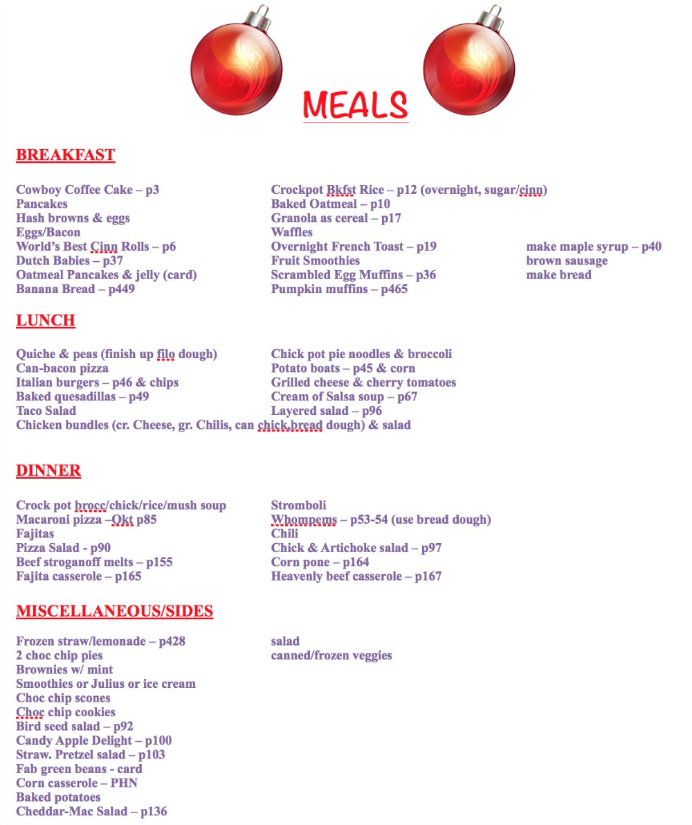 30 Day Master Meal List Example